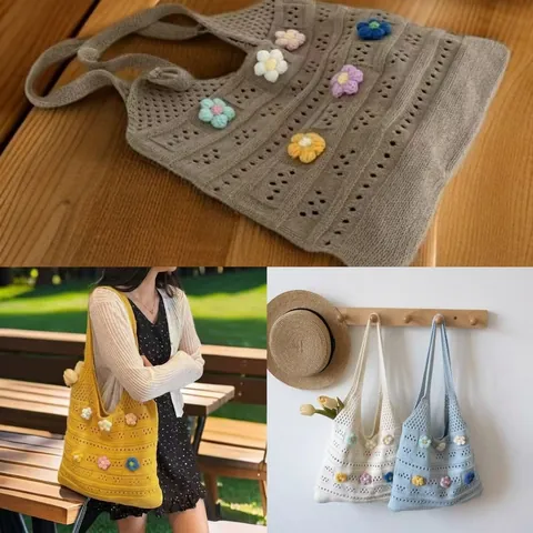 Handmade Crochet Knit Tote Bag Hollow Out Mesh Floral Strawberry Shoulder Bag For Women Holiday Beach Vintage Aesthetic