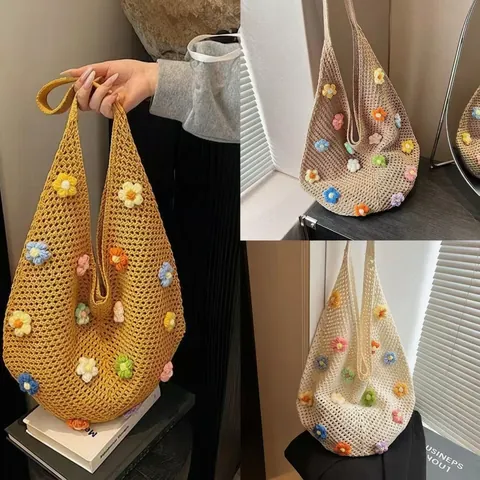 Handmade Crochet Knit Tote Bag Hollow Out Mesh Floral Strawberry Shoulder Bag For Women Holiday Beach Vintage Aesthetic