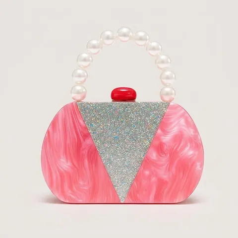 Pink Marble Texture Acrylic Evening Bag With Faux Artificial Pearl Handle Silver Glitter Patchwork For Wedding Party Women