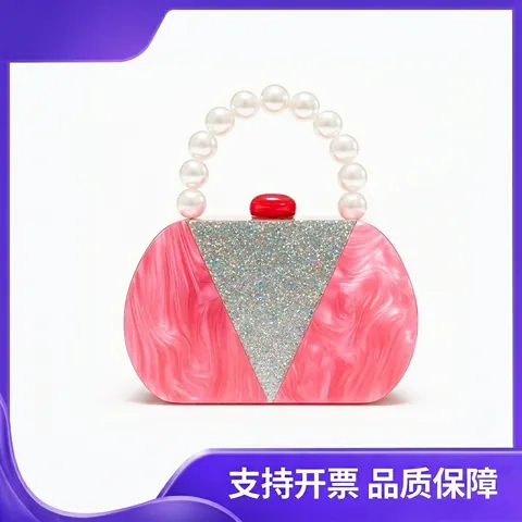 Borsa Da Sera In Acrilico Con Trama Di Marmo Rosa Con Manico In Künstliche Perle Artificiali Patchwork Glitter Argento Per Matrimonio Festa Donne