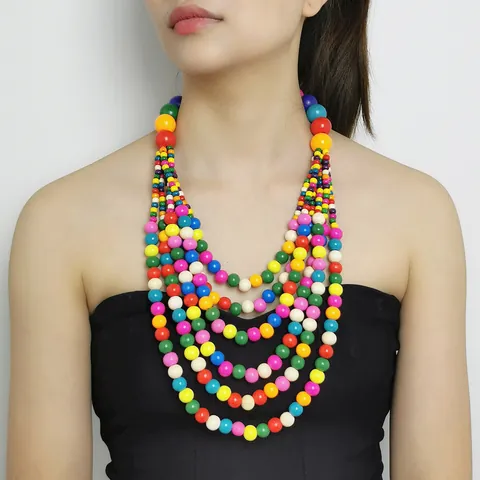 Multi Layer Wooden Bead Necklace Bohemian Ethnic Geometric Square Circle Long Sweater Chain Retro Jewelry For Women