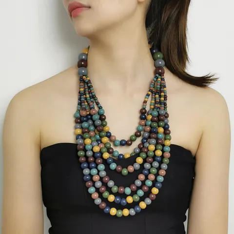 Multi Layer Wooden Bead Necklace Bohemian Ethnic Geometric Square Circle Long Sweater Chain Retro Jewelry For Women