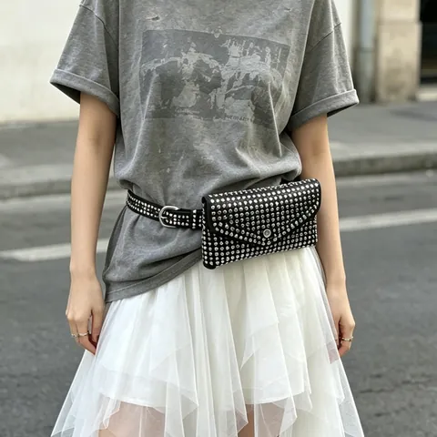 Riñonera Con Remaches Para Mujer Cinturón Punk Rock Cuero PU Moda Streetwear Bolso Pequeño Ajustable