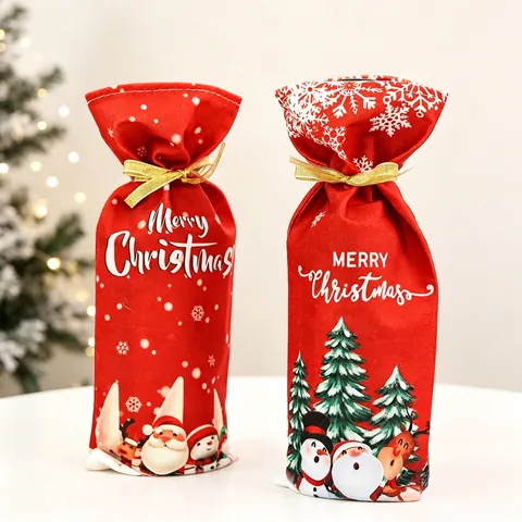Christmas Wine Bottle Covers Soft Fabric Drawstring Gift Bags Santa Claus Snowman Reindeer Printed Party Table Decor