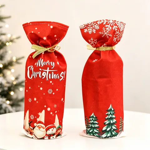 Christmas Wine Bottle Covers Soft Fabric Drawstring Gift Bags Santa Claus Snowman Reindeer Printed Party Table Decor