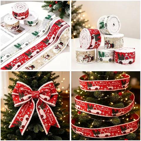 Christmas Decorative Ribbon Faux Linen Burlap Fabric Tape Frayed Edge Printed Truck Snowman For Holiday Gift Wrapping