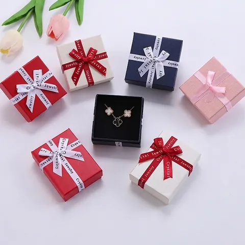 Jewelry Gift Box Square Ribbon Bowknot Paper Cardboard Packaging Necklace Earring Ring Bracelet Elegant Presentation
