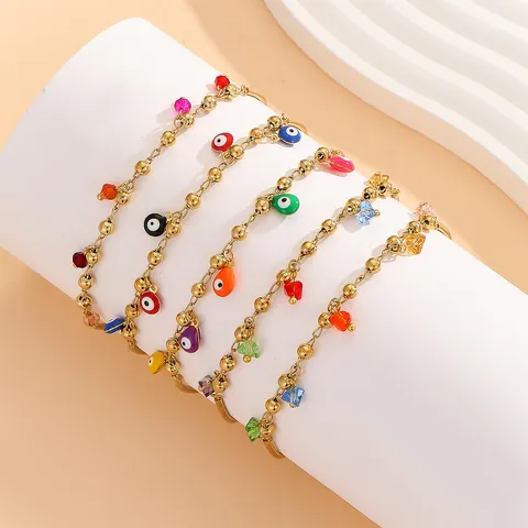 Evil Eye Fußkettchen Edelstahl Vergoldet Bunte Tropföl Anhänger Verstellbare Fußkette Böhmischer Schmuck Für Damen