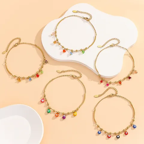Evil Eye Fußkettchen Edelstahl Vergoldet Bunte Tropföl Anhänger Verstellbare Fußkette Böhmischer Schmuck Für Damen