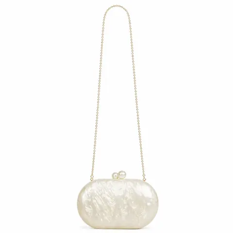 Pochette Da Sera In Acrilico Guscio Rigido Ovale Trama Marmorea Con Doppia Chiusura A Perla Artificial E Catena In Metallo Per Festa