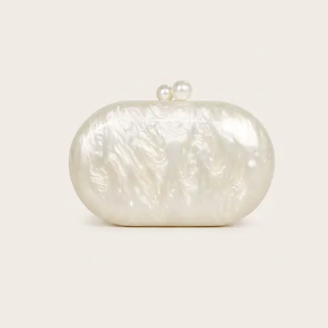 Pochette Da Sera In Acrilico Guscio Rigido Ovale Trama Marmorea Con Doppia Chiusura A Perla Artificial E Catena In Metallo Per Festa