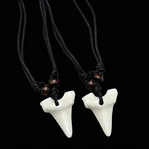 Tribal Haifischzahn Anhänger Halskette Für Herren Damen Knochenimitat Harz Anhänger Holzperlen Verstellbare Schwarze Kordel Schmuck