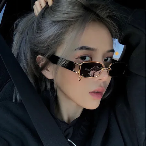 Sunglasses Retro Rectangle Small Metal Frame Punk Hip Hop Streetwear Double Bridge Ring Detail Eyewear For Men Women