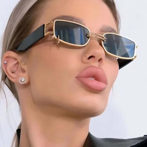 Sunglasses Retro Rectangle Small Metal Frame Punk Hip Hop Streetwear Double Bridge Ring Detail Eyewear For Men Women
