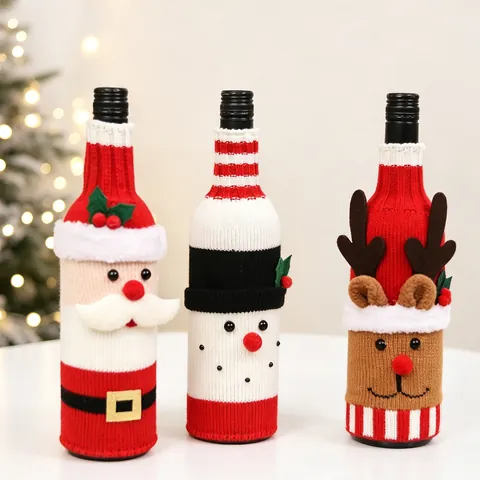 Christmas Wine Bottle Covers Knitted Santa Snowman Reindeer Holiday Dinner Table Decoration Festive Party Ornaments