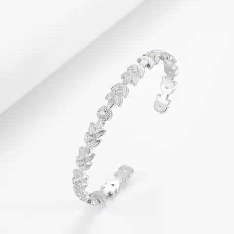 925 Sterlingsilber Blatt Offener Armreif Für Damen Minimalistisch Zirkonia Eingelegt Verstellbar Silber Gold Überzogener Schmuck