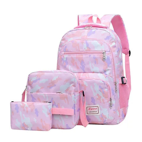 Nylon School Backpack Three Piece Set Geometric Camouflage Printed Waterproof Large Capacity Laptop Bag For Students