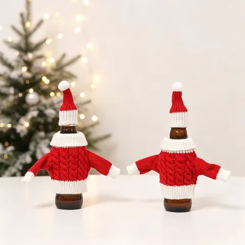 Housse De Bouteille De Vin De Noël Mini Pull Et Bonnet En Tricot Rouge Blanc Décoration De Table De Fête Festive