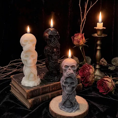 Stacked Skull Scented Candle Soy Wax Three Head See No Hear No Speak No Evil Halloween Spooky Gothic Horror Home Decor
