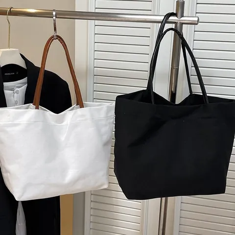 Women Large Capacity Canvas Tote Bag Minimalist Urban Casual Commuter Shoulder Bag Soft Fabric Handbag Solid Color Shopping Bag