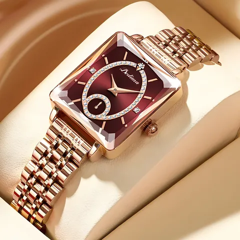 Montre À Quartz Élégante Pour Femmes Cadran Rectangulaire Incrustation De Strass Petite Seconde Lumineuse Bracelet En Cuir