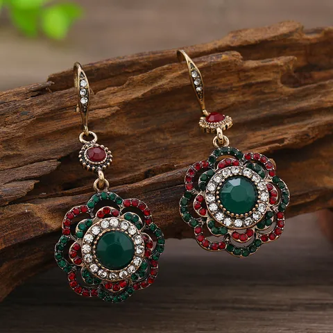 Vintage Boheemse Bloem Oorbellen Met Legering Strassteentjes Hars En Roestvrijstalen Steker Etnische Stijl