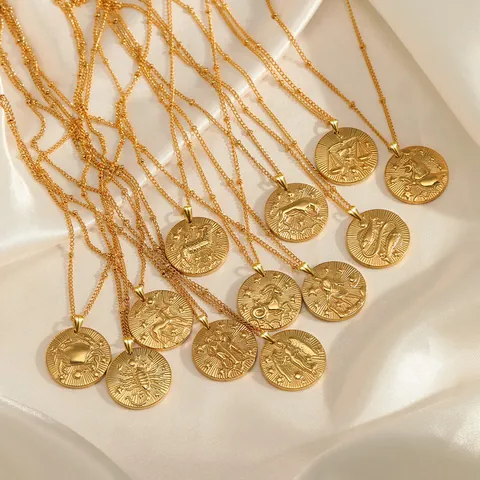 Collana Segni Zodiacali Acciaio Inossidabile Pendente Moneta Rotonda Rilievo Catena Satellite Perline Gioielli Astrologia Retro Donna Uomo