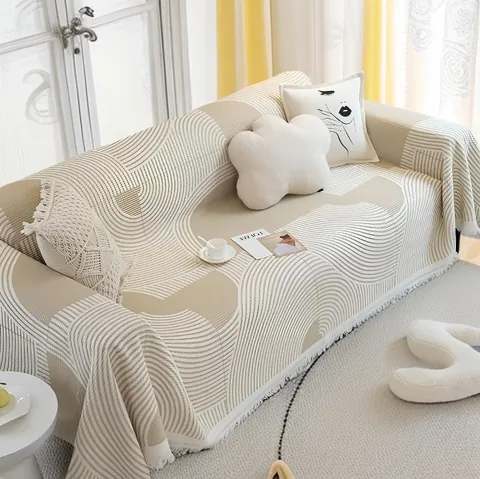 Sofa Cover Throw Blanket Pure Cotton Waffle Weave Geometric Line Pattern With Tassels Dustproof Modern Nordic Style