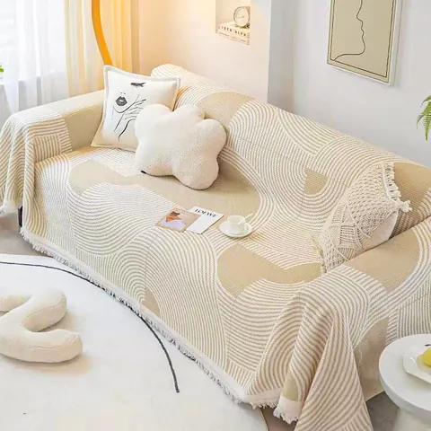 Sofa Cover Throw Blanket Pure Cotton Waffle Weave Geometric Line Pattern With Tassels Dustproof Modern Nordic Style