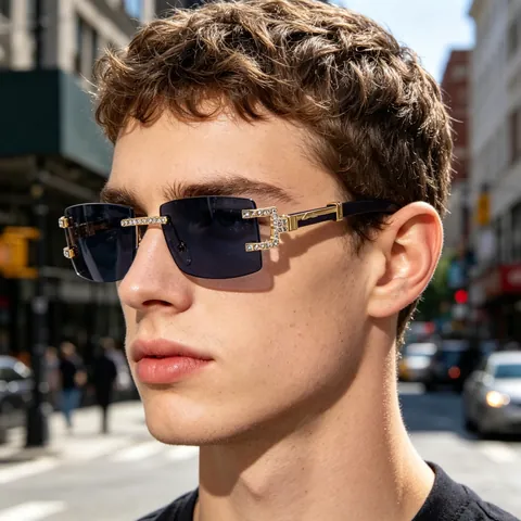 Gafas De Sol Cuadradas Sin Montura De Lujo Retro Con Patillas De Grano De Madera Y Diamantes De Imitación Protección UV400