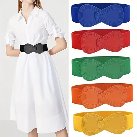 Women Wide Elastic Waist Belt Faux Leather Bow Knot Interlocking Cinch Belt For Dresses Fashion Accessory
