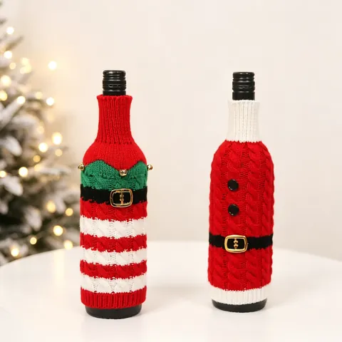Couvre-Bouteilles De Vin De Noël Tricotés Design Père Noël Et Elfe Avec Cloches Et Boucle De Ceinture Pour Décor De Table