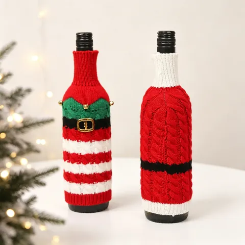 Couvre-Bouteilles De Vin De Noël Tricotés Design Père Noël Et Elfe Avec Cloches Et Boucle De Ceinture Pour Décor De Table