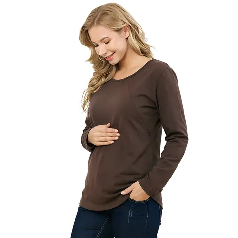Damen Umstandsmode Still-T-Shirt Langarm Rundhalsausschnitt Seitlicher Reißverschluss Still-Top Baumwollmischung Schwangerschafts-T-Shirt