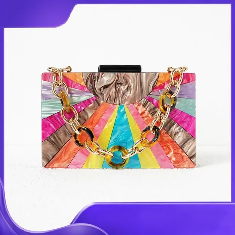 Evening Clutch Bag Acrylic Resin Sunburst Colorful Pattern Chunky Chain Wedding Party Fashion Minimalist For Women