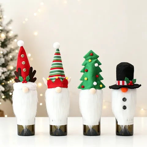 Christmas Wine Bottle Covers Gnome Rudolph Snowman Tree Shapes Felt Faux Fur Decorative Festive Dining Table Toppers