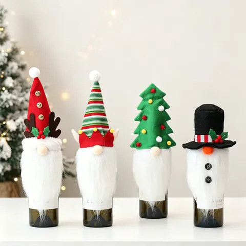 Christmas Wine Bottle Covers Gnome Rudolph Snowman Tree Shapes Felt Faux Fur Decorative Festive Dining Table Toppers