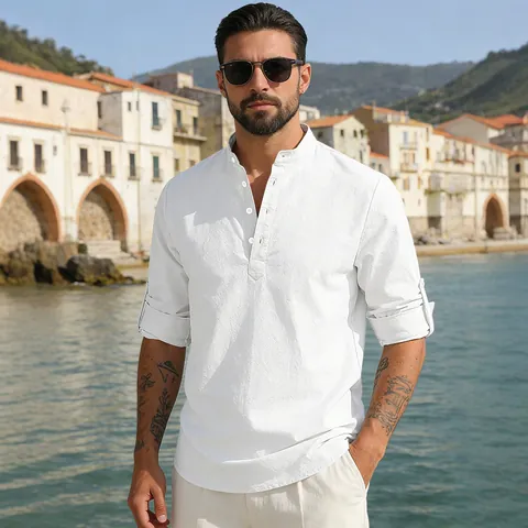 Heren Casual Katoen Linnen Overhemd Henley Opstaande Kraag Lange Mouwen Effen Kleur Los Ademend Relaxte Top