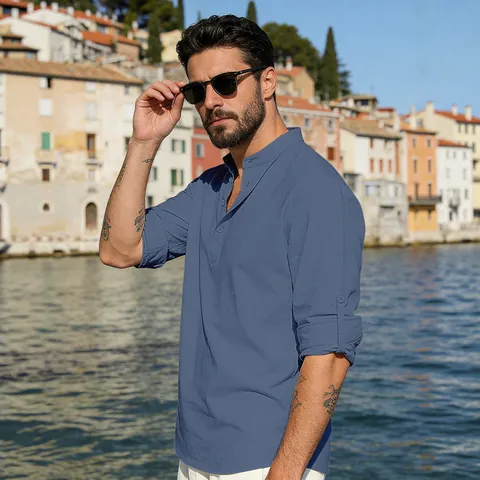 Heren Casual Katoen Linnen Overhemd Henley Opstaande Kraag Lange Mouwen Effen Kleur Los Ademend Relaxte Top