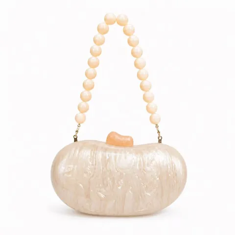 Acrylic Evening Bag Shell Shape Marble Texture Clutch With Bead Handle And Gold Chain Strap For Women