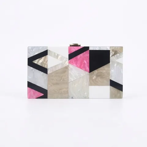 Acryl Avondtas Clutch Geometrische Patchwork Marmerpatroon Box Handtas Met Ketting Voor Dames Feest Banket