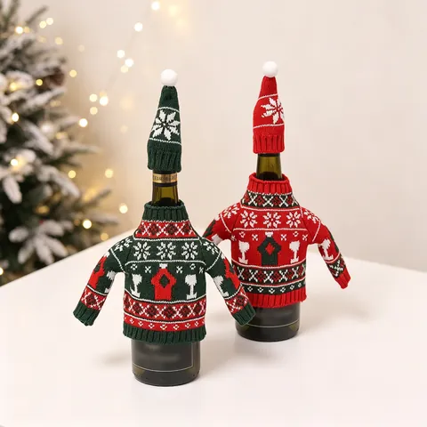 Housse De Bouteille De Vin De Noël Mini Pull Et Bonnet Tricotés Décor De Table Motif Dessin Animé