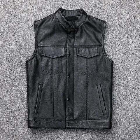 Men's Motorcycle Leather Vest Stand Collar Multi Pocket Zipper Waistcoat Solid Black Casual Biker Vest For Men