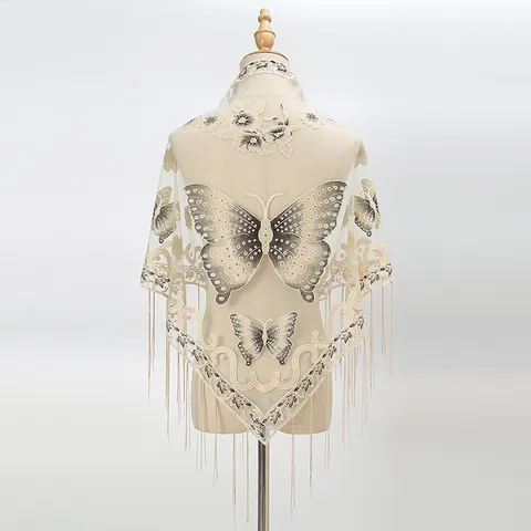 Damen Spitze Dreieckstuch Schmetterling Stickerei Hohlraum Quaste Netz Schal Eleganter Wickel