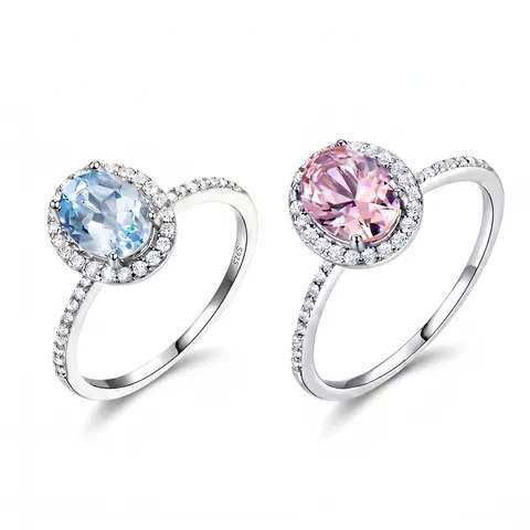 Anillo de Plata de Ley 925 Gema Ovalada Halo Diamantes de Imitación Incrustados Joyería de Moda para Boda Fiesta Mujer Regalo
