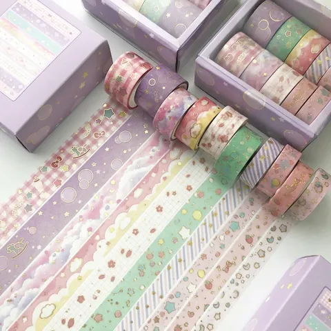 Decorative Washi Tape Gold Stamping DIY Scrapbooking Stationery Sticker For Planner Journaling Starry Sky Floral Geometric Patterns
