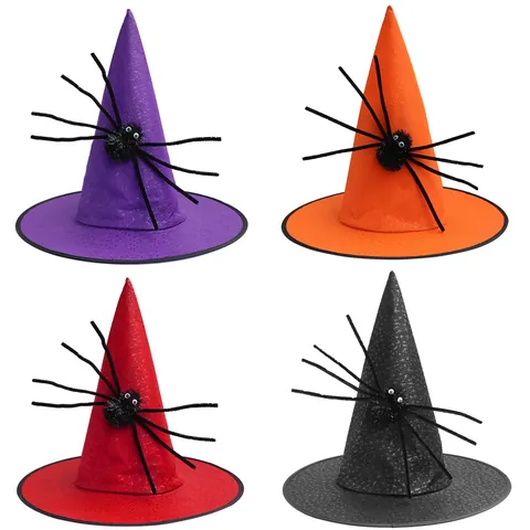 Halloween Witch Hat Pointed Wizard Hat With Plush Spider Non Woven Fabric Party Costume For Kids And Adults