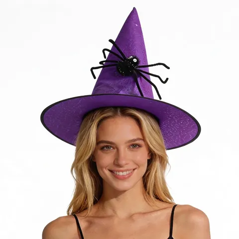 Halloween Witch Hat Pointed Wizard Hat With Plush Spider Non Woven Fabric Party Costume For Kids And Adults