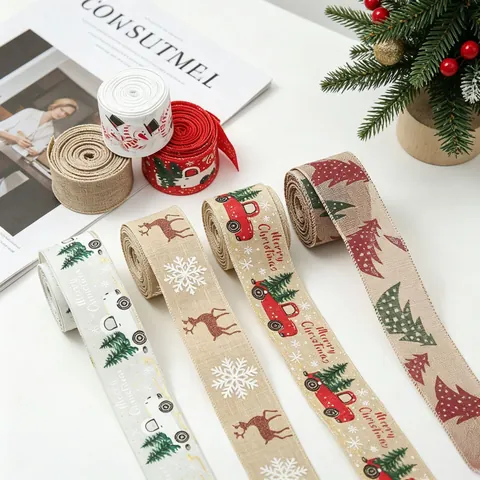 Cinta Impresa Navidad Imitación Lino Poliéster DIY Artesanía Envoltura Regalo Patrón Camión Vintage Árbol Decoración