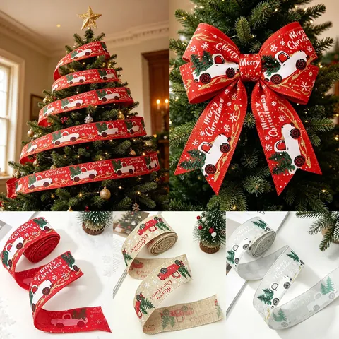 Cinta Impresa Navidad Imitación Lino Poliéster DIY Artesanía Envoltura Regalo Patrón Camión Vintage Árbol Decoración